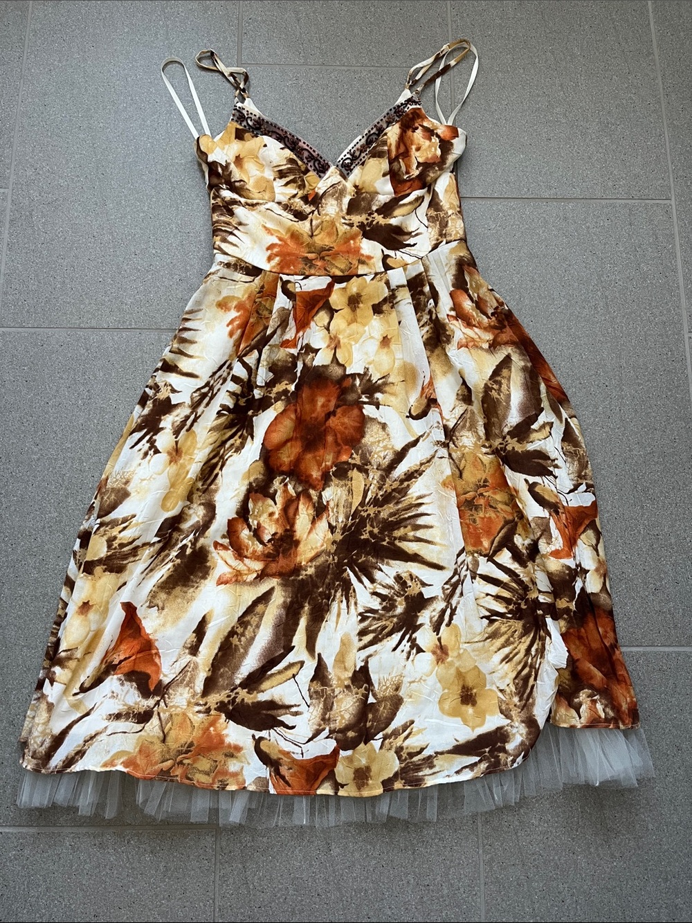 BCBG One-Shoulder Floral Cocktail Dress in Brown, Cream & Orange